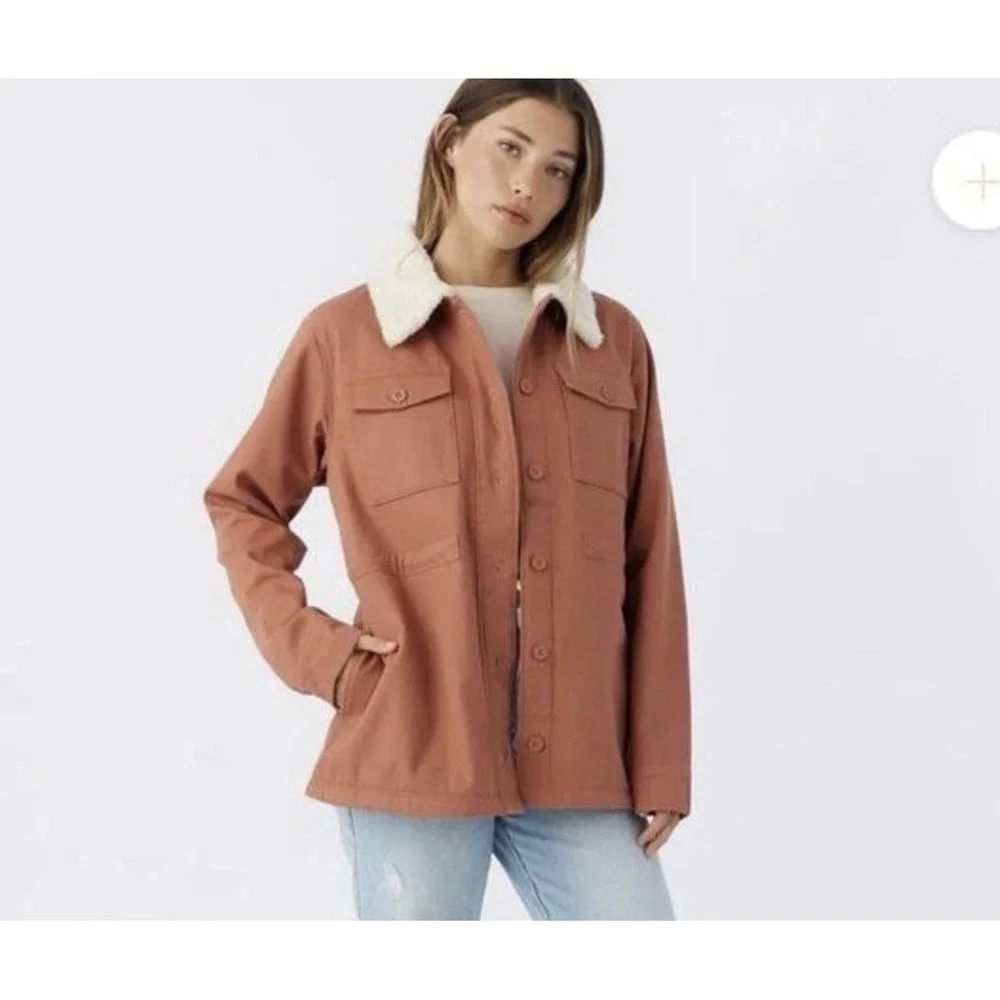 Hang‎ Ten Sherpa Lined Jacket Women M Button Front Utility Coat Salmon Rust Tan